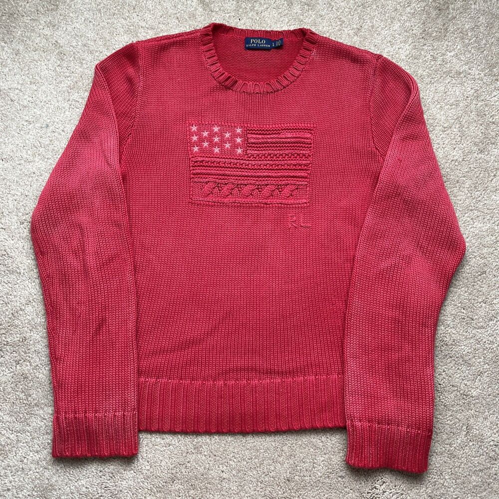 Polo Ralph Lauren Sweater Womens Large Flag Embroidered Red Knit Preppy USA